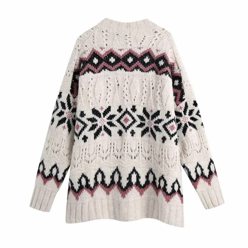 Floral Argyle Jacquard Cardigans Women Fashion Chic Hollow Out Knitted Sweater Female V-Neck Buttons Sweaters