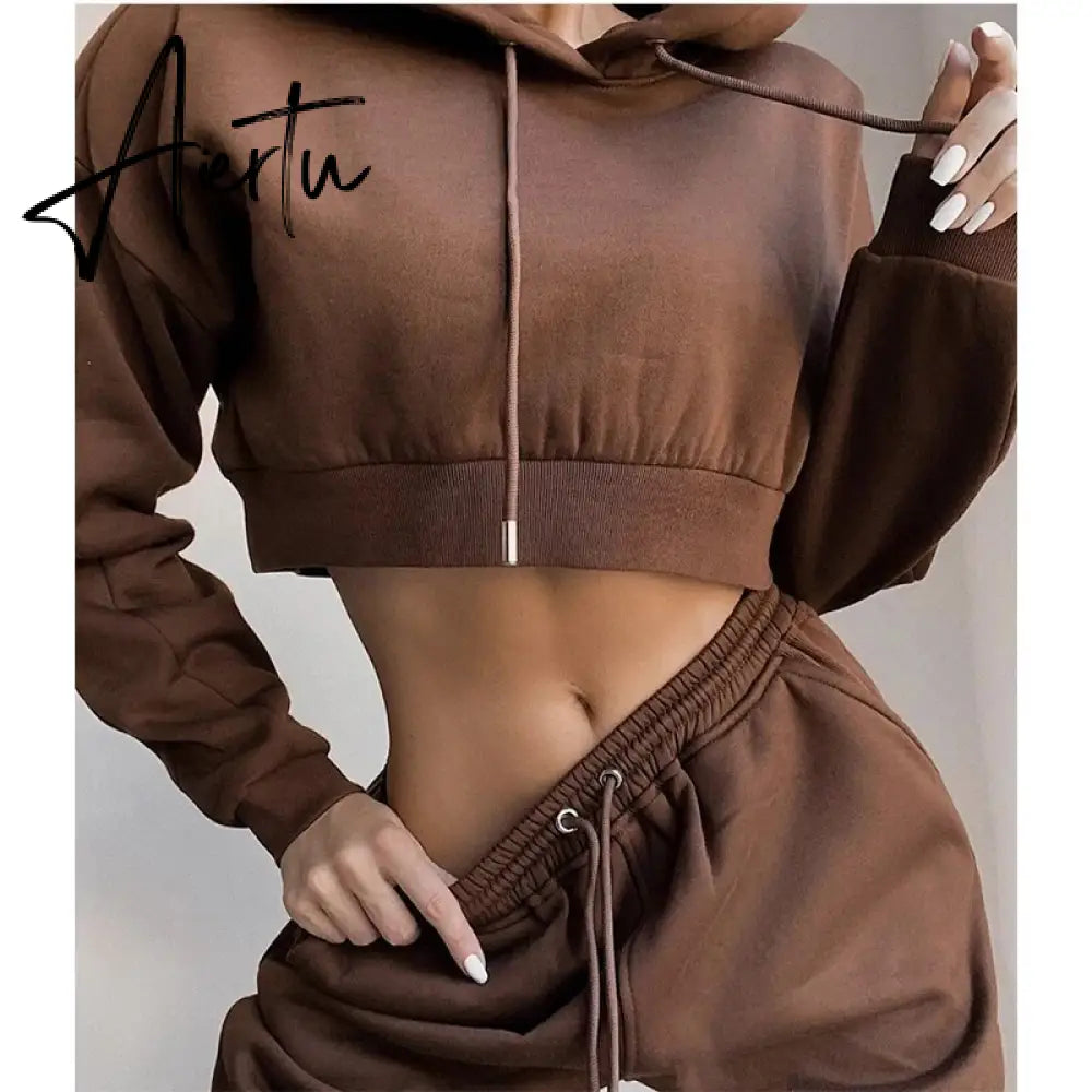 Winter Fleece Hoodies Short Tops and Pants 2 Piece Set Women Tracksuit Sportswear Fashion Casual Streetwear Clothes Outfit Aiertu