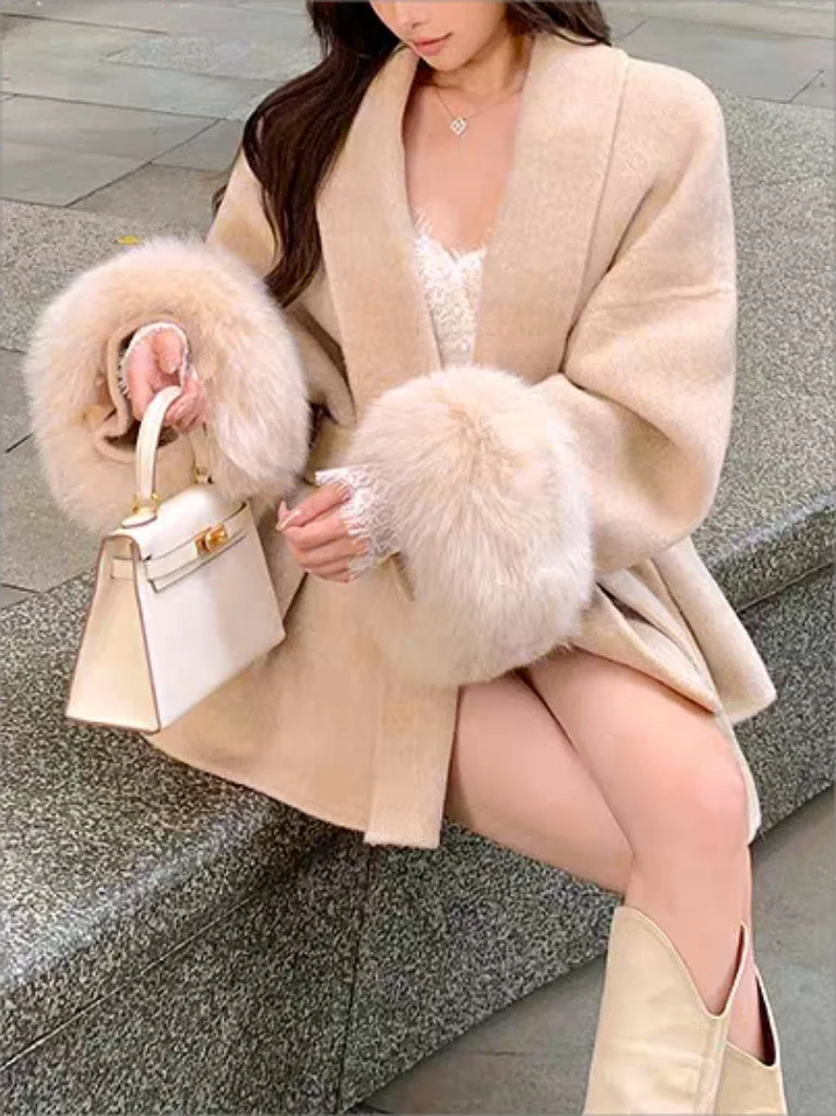 Brownm solid color faux fur coat with belt