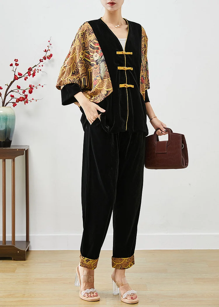 DIY Black Oversized Patchwork Chinese Button Silk Velour Two-Piece Set Fall