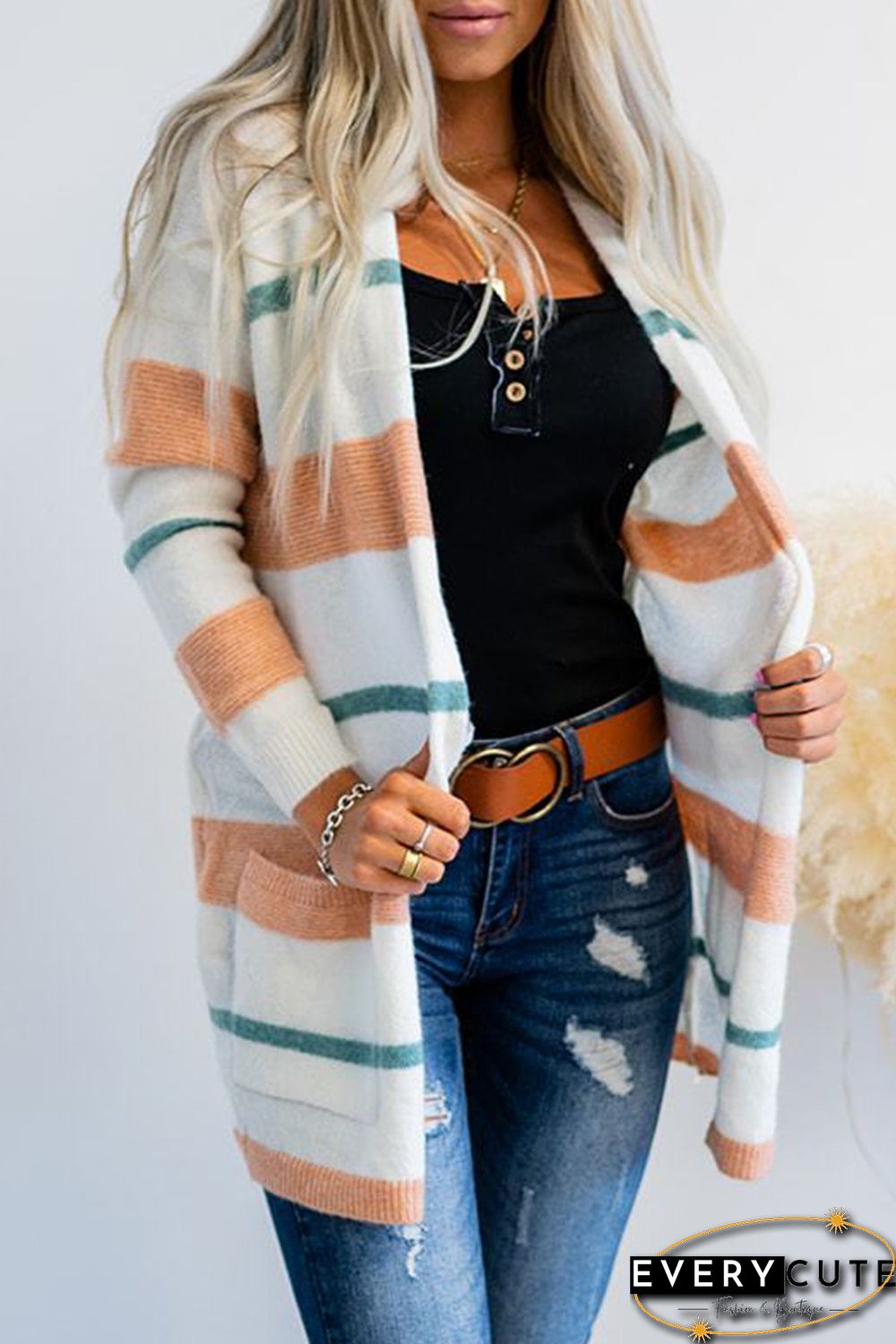 Long Sleeve Striped Cardigan with Pockets