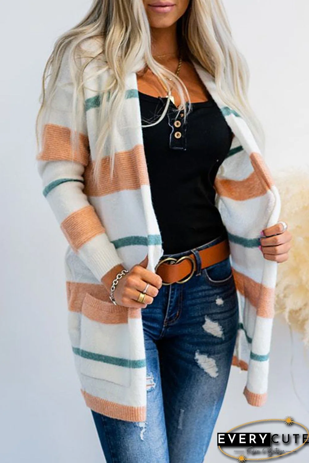 Long Sleeve Striped Cardigan with Pockets