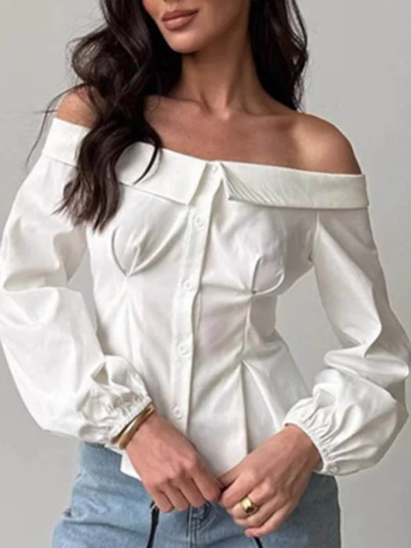 Buttoned Elasticity Pockets Solid Color Long Sleeves Loose Off-The-Shoulder Blouses&Shirts Tops