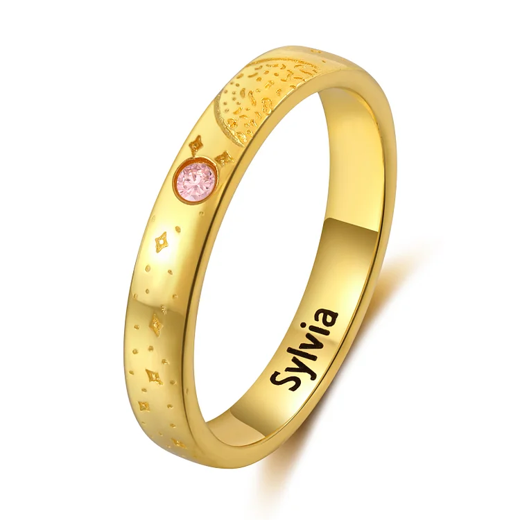 Anillo color oro personalizado de 1 nombre y 1 piedra de nacimiento para mujer