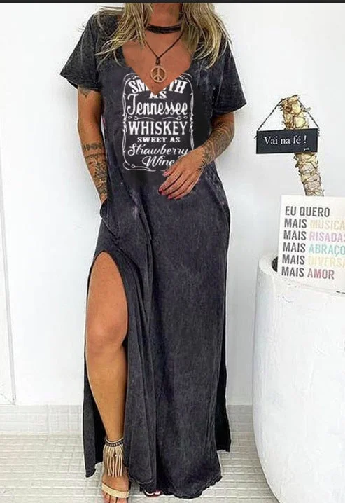 Women's V-neck Short-sleeved Loose Slit Dress