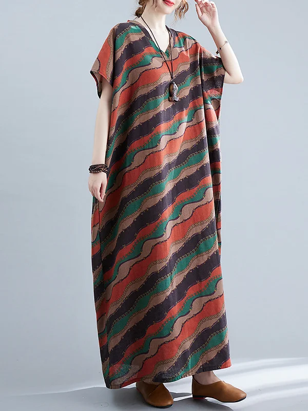 Loose Artistic Retro Contrast Color Striped Long Dress