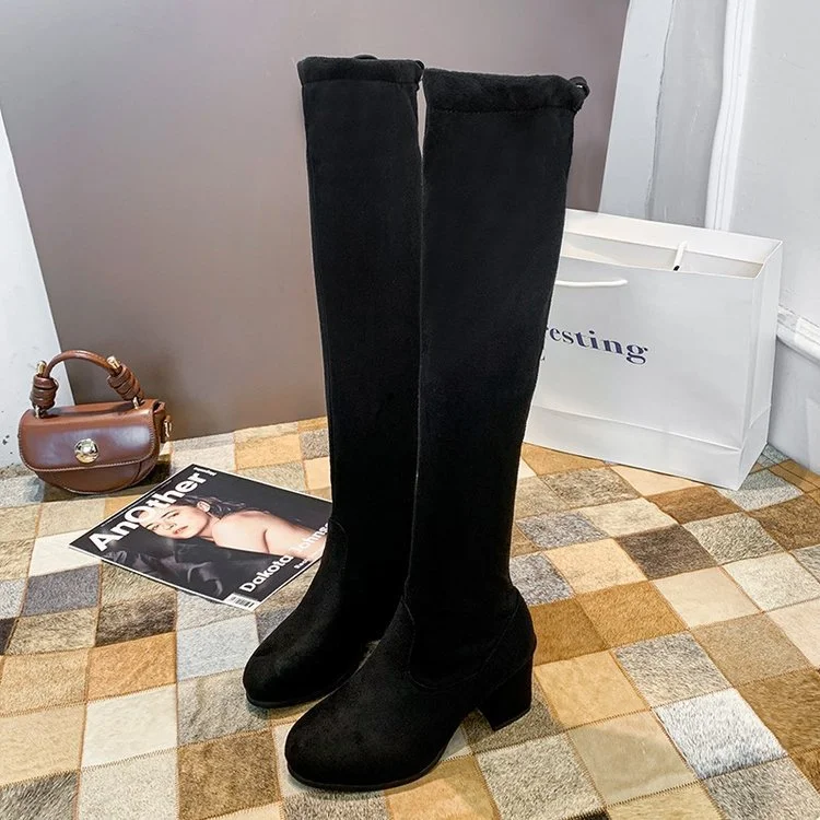 Wongn Wongn / Winter 2023 New Over-Knee Boots Fashion Suede Round Head Thick Heel High Heel Elastic Boots After The Strap Women's Long Boots