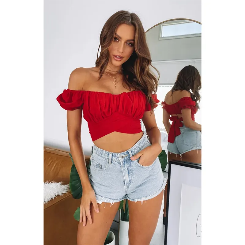Bohemian Lantern Short-Sleeved Umbilical Straps Short-Shirts Pleated Solid Colors Small