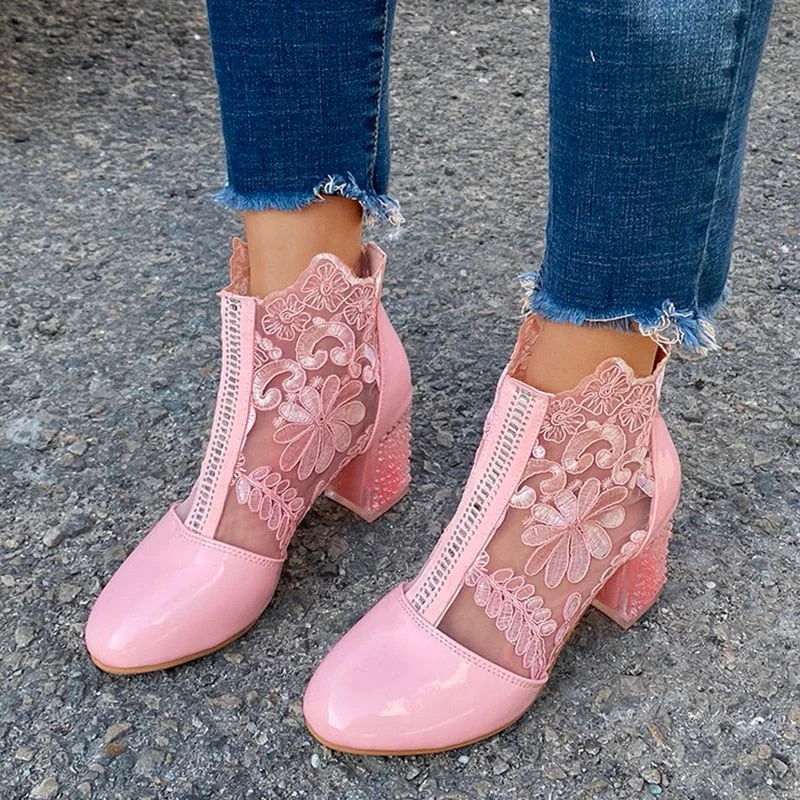 Sexy Black Mesh Embroider Ankle Boots For Women Summer 2022 Crystal Square Heels Boots Woman Round Toe Lace Short Botas