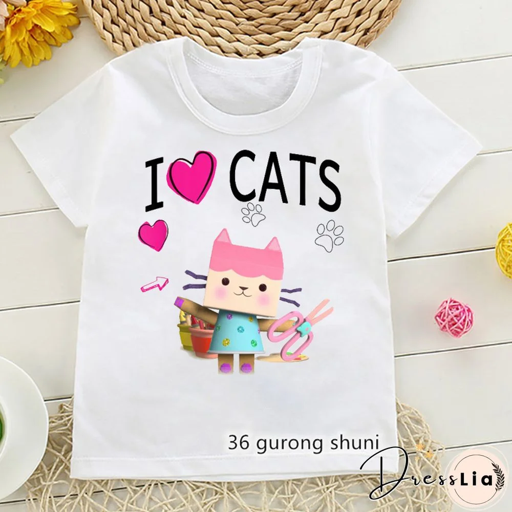 Kawaii Girls T Shirts Gabbys Doll House Cartoon Print Childrens Tshirt Summer Tee Girls Clothes White Camisole Tops