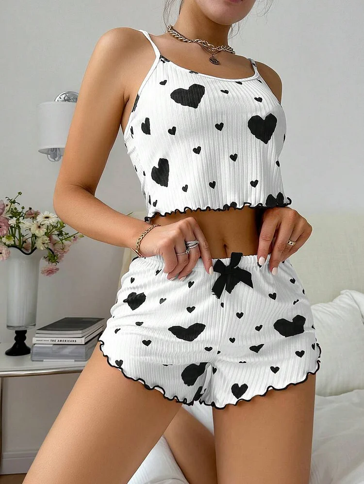 Heart Print Suspender Shorts Pajama Set