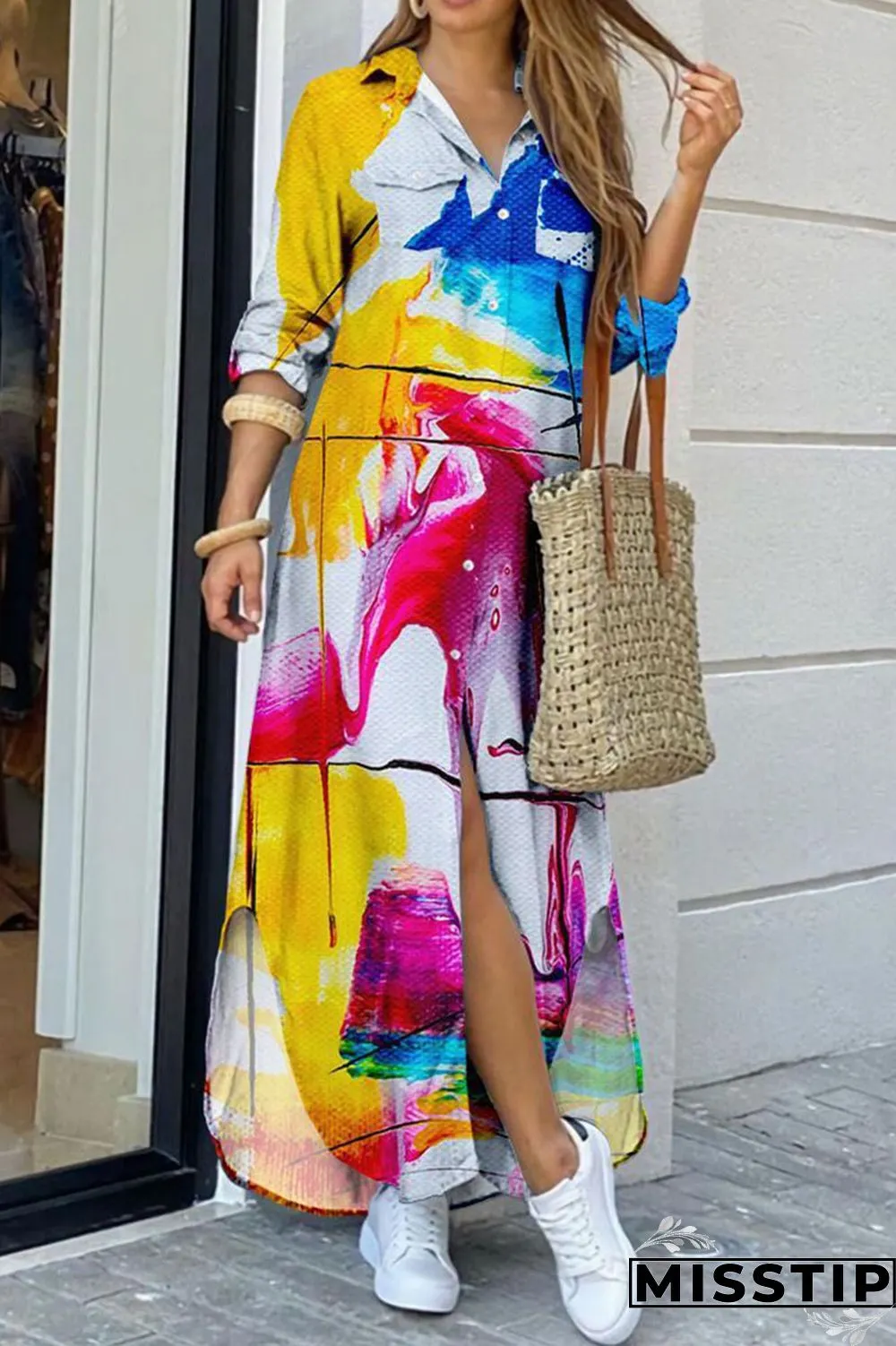 Blue Casual Print Patchwork Buckle Turndown Collar Shirt Dress Dresses
