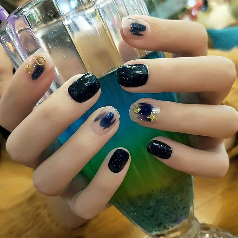 24 pcs/box with a pattern with Black Gradient oval fake nail Bride and Girls Wearing Manicure acrylic artificial nail with glue-Nail Inspo