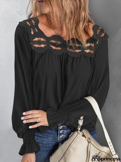 Cutout Square Neck Long Sleeve Blouse
