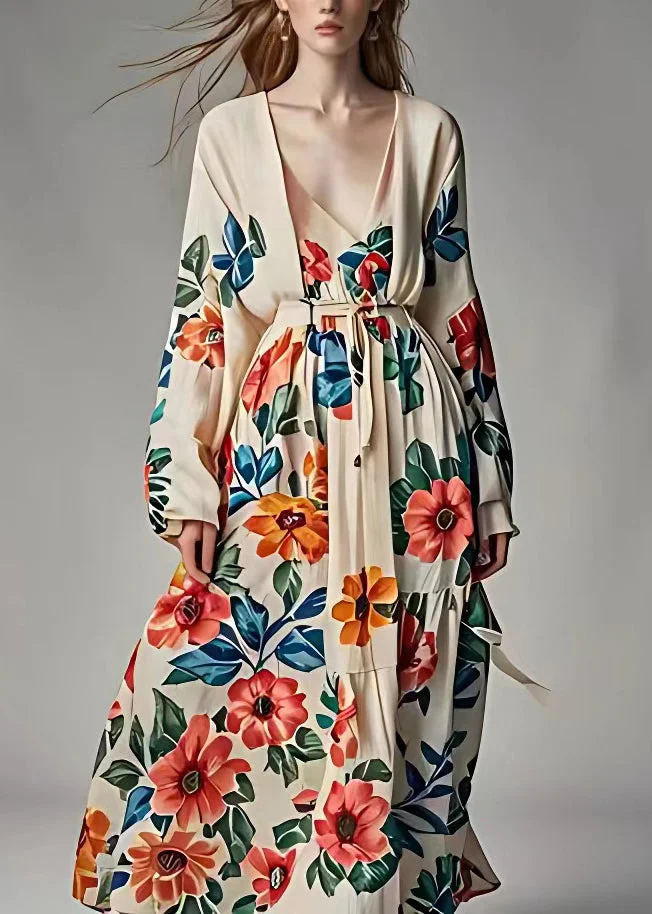 Original Design Khaki V Neck Print High Waist Cotton Dress Fall