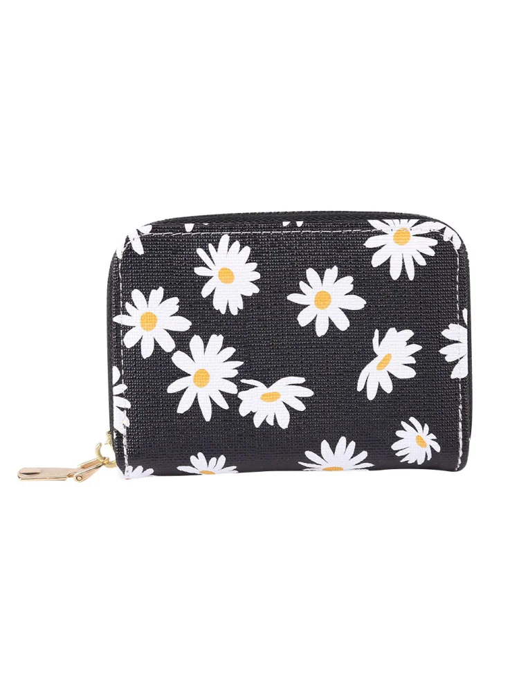 Fashion Women PU Daisy Flower Card Oaganizer Casual Ladies Wallet (Black)