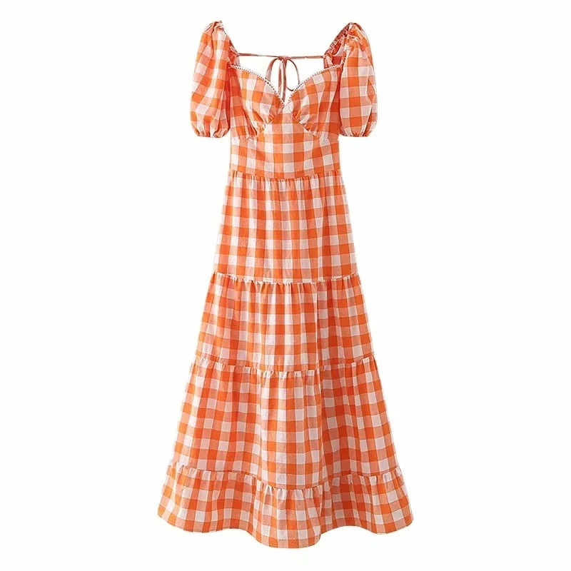 Aproms Elegant Orange Plaid Long Maxi Cotton Dress Women 2022 Summer Backless Tie Up Basic A-line Dresses High Fashion Sundress