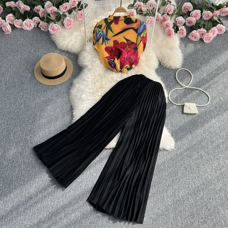 Zingj Zingj Suit Female Light Ripe Wind Short Sleeve Standing Collar Slim Print Pleated Top Two-Piece High Waist Show Slim Wide Leg Pants