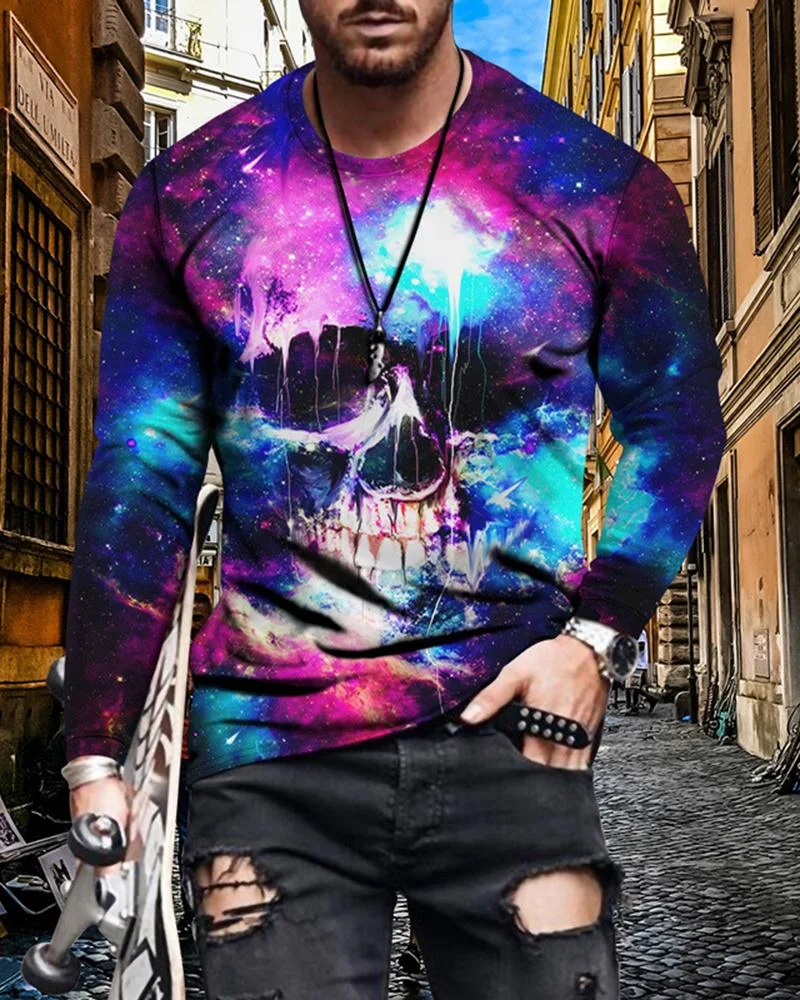 men's skull print long-sleeved T-shirt