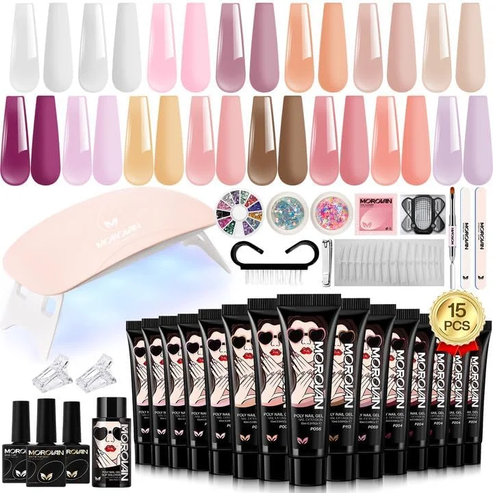 Poly Gel Nail Kit for Beginners: 15 Colors with UV Lamp for Starters with Everything DIY Art Design at Home Christmas Gift for Women Girls