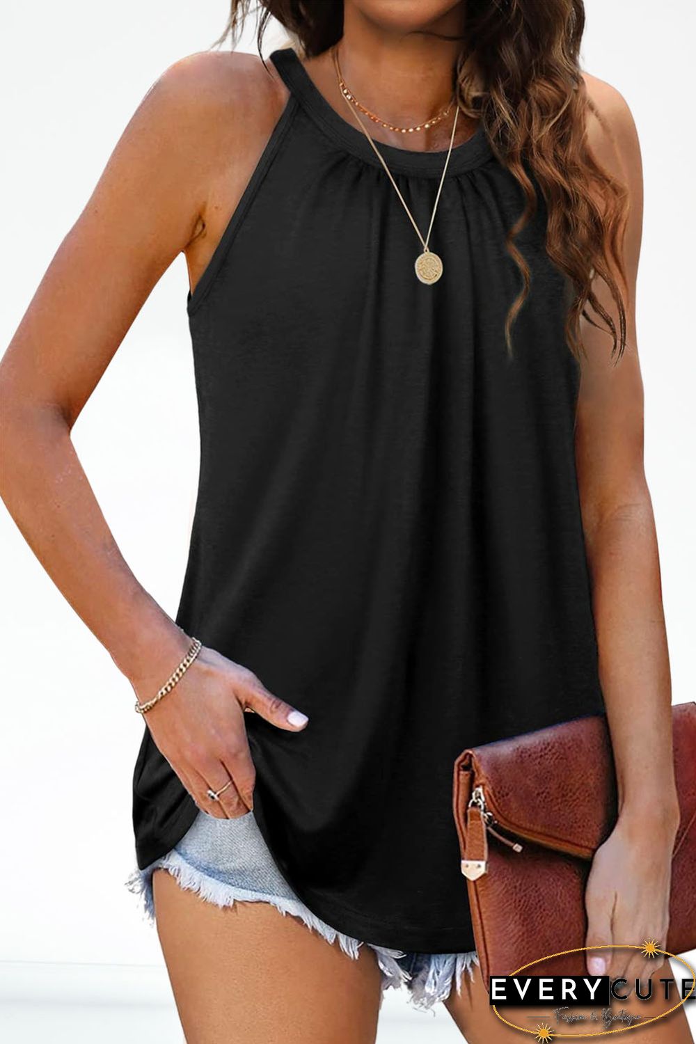 Black Pleated Round Neck Loose Sleeveless Top