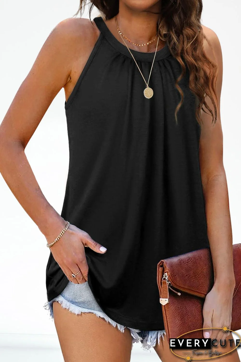 Black Pleated Round Neck Loose Sleeveless Top