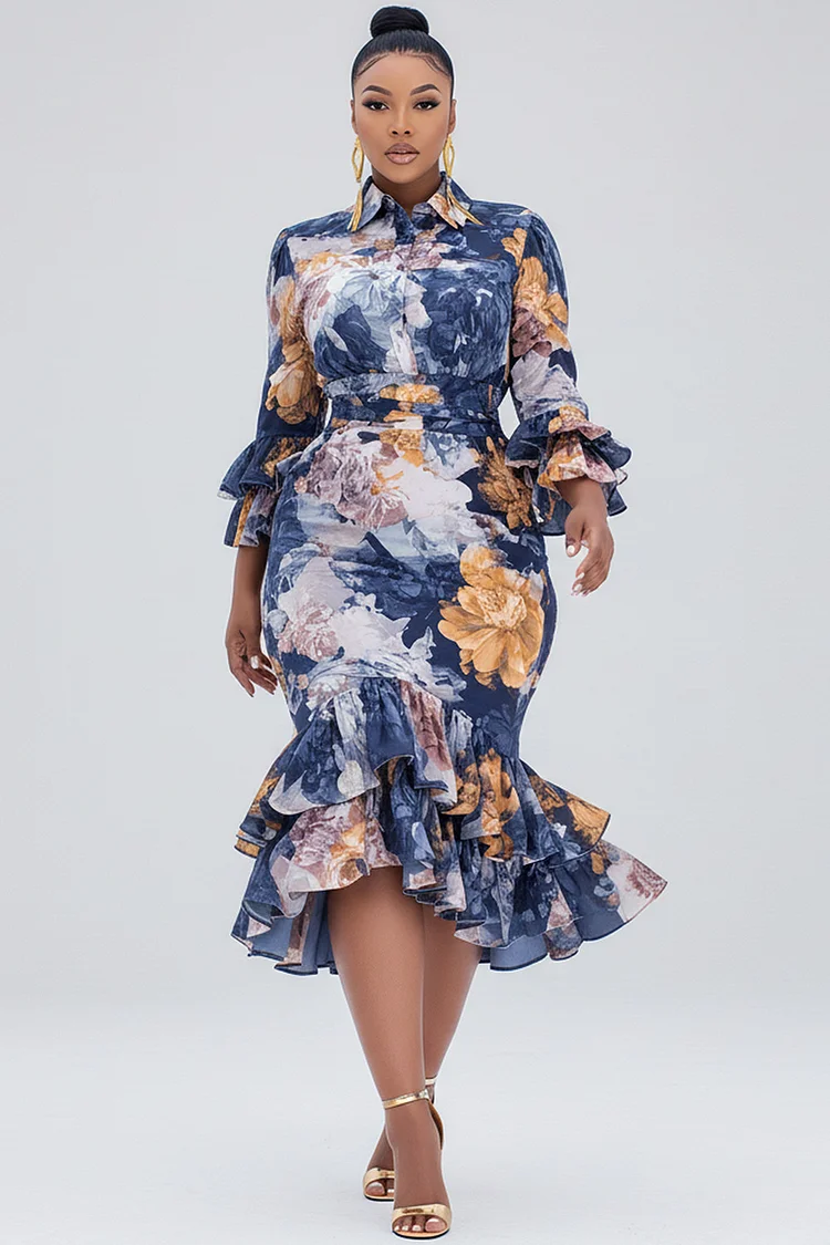 Xpluswear Design Plus Size Wedding Guest Blue Floral Shirt Collar Flare Long Sleeve Ruffle Elegant Bodycon Chiffon Midi Dresses [Pre-Order]