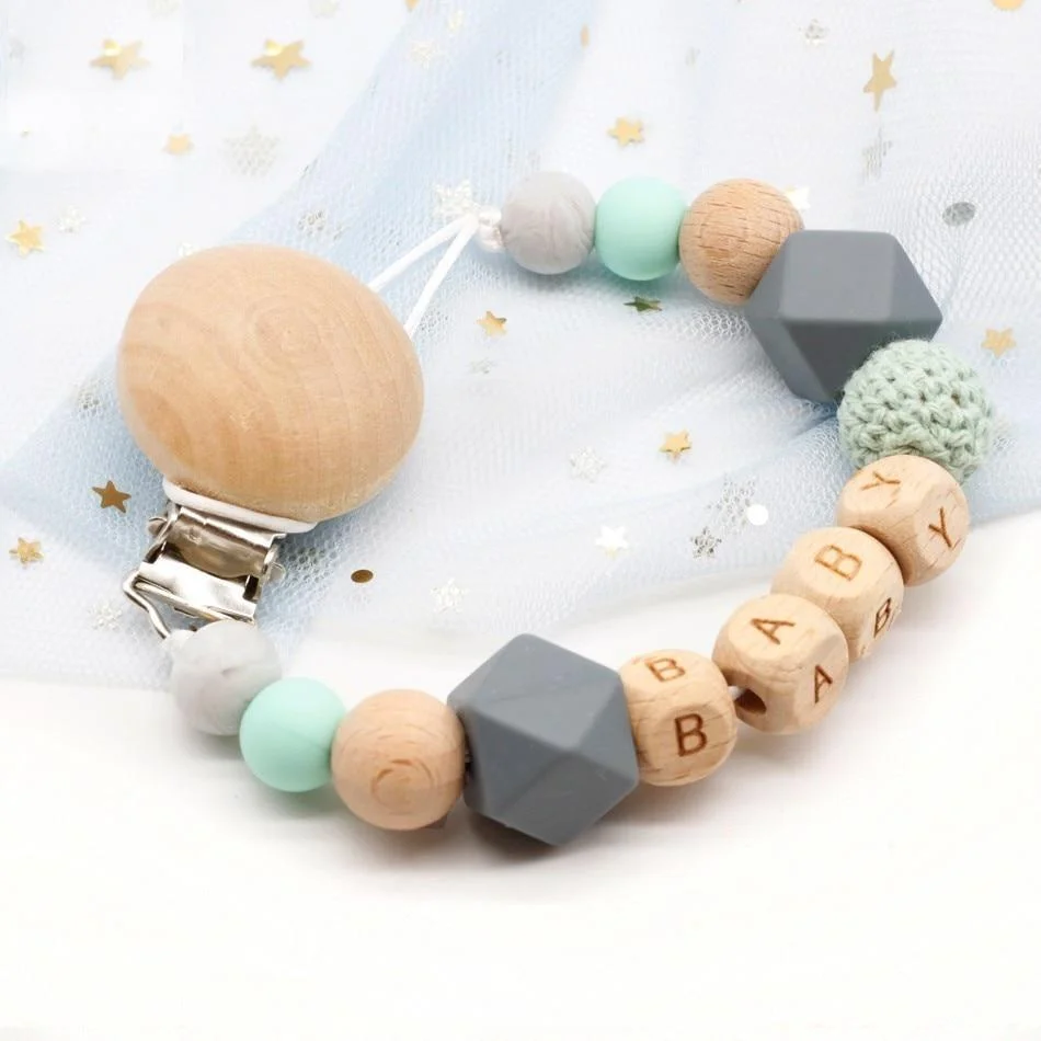 Personalized Name Handmade Silicone Baby Wooden Dummy Pacifier clip Safe Teething Chain Teether Pacifier  chains Holder Chain