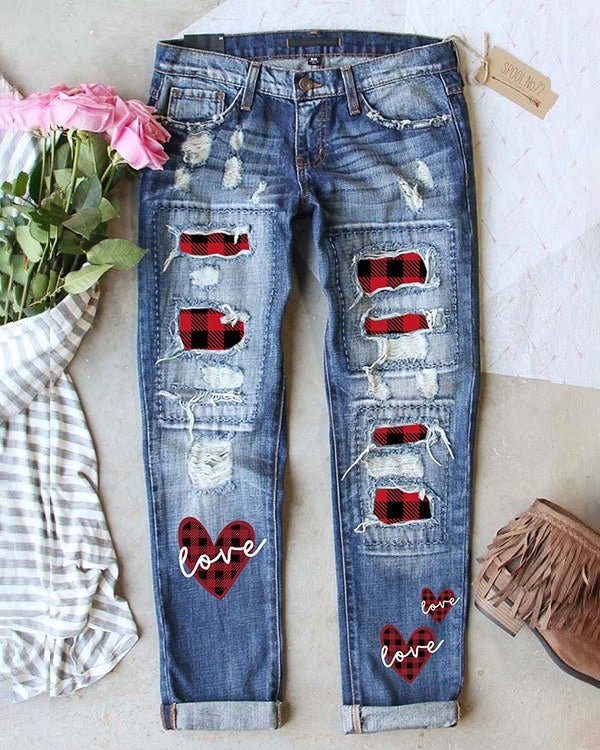 Plaid Heart Ripped Jeans
