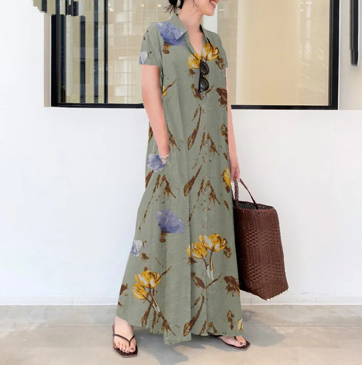Fashion Flower Print Cotton Linen Lapel short Sleeve Pocket Dress
