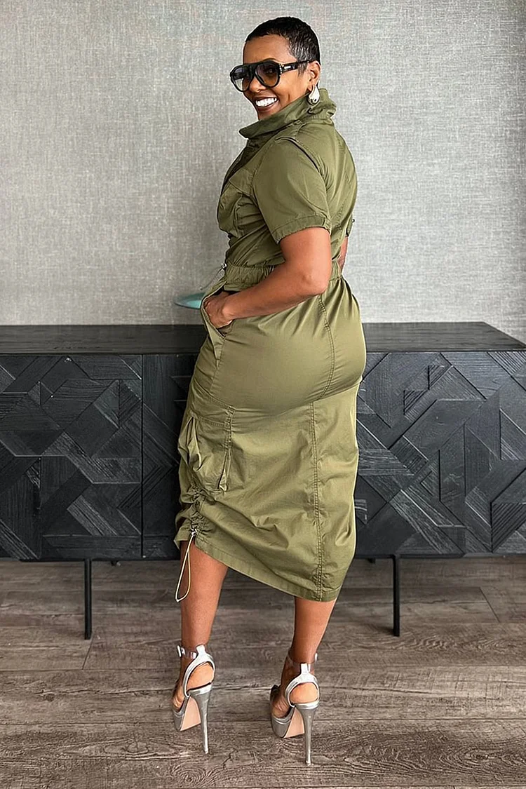 Stand Collar Zipper Drawstring Waist Pocket Midi Dresses-Green [Pre Order]