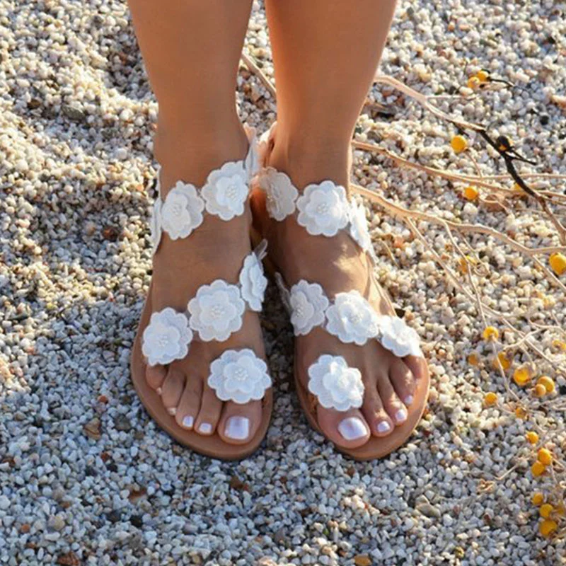 Small fresh large size flower pu slip-toe ladies sandals