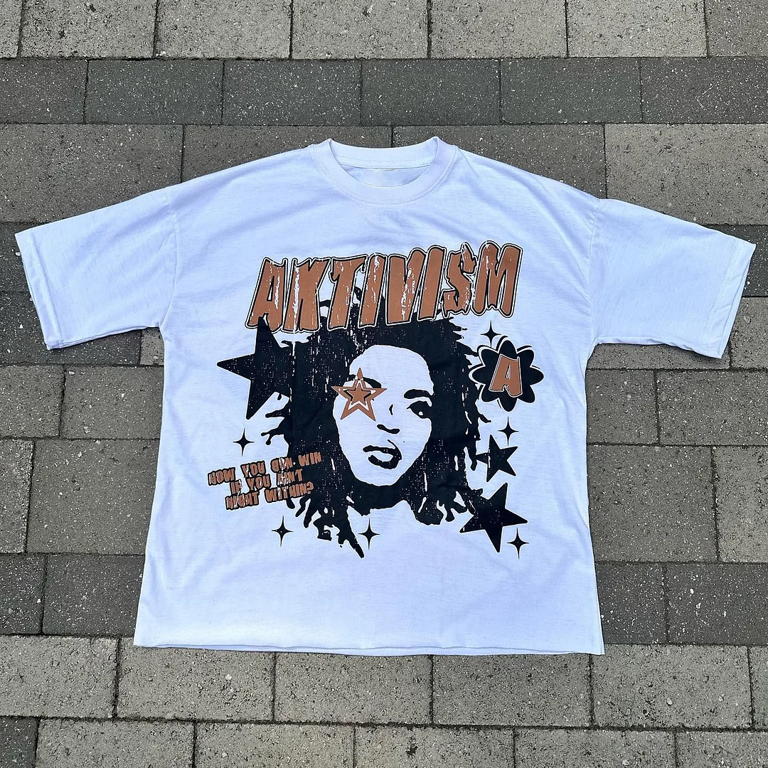 Lauryn Hill Letter Stars Print Short Sleeve T-Shirt