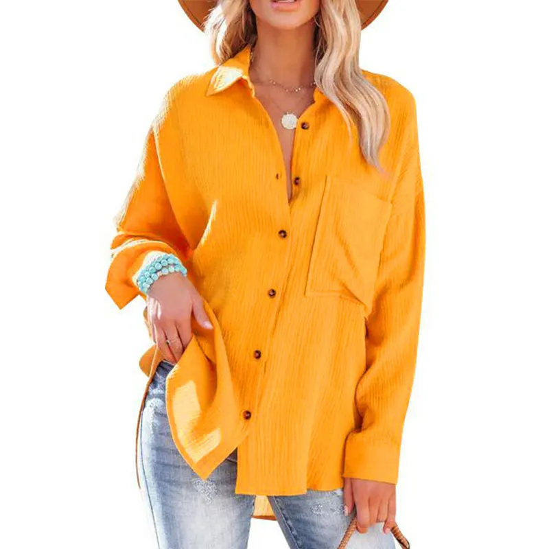 Textured Lapel Collar Button Down Oversized Long Sleeve Shirt