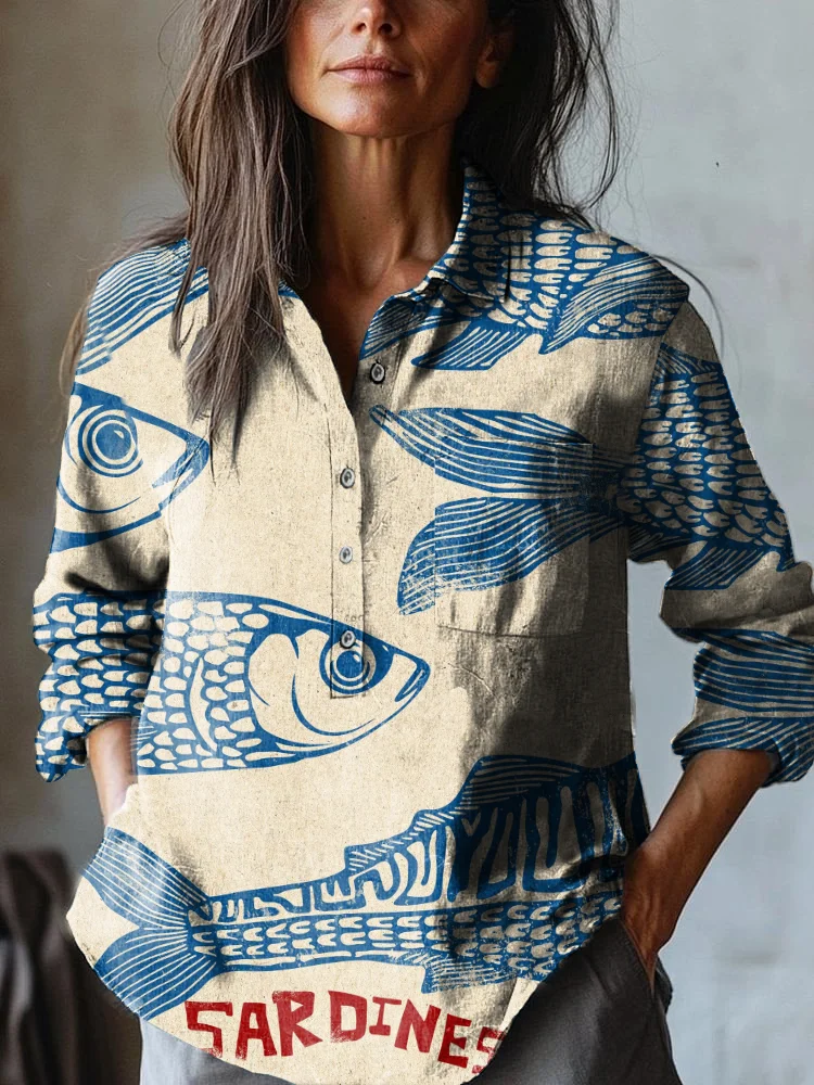 Women's Sardines Art Print Casual Cotton and Linen Shirt