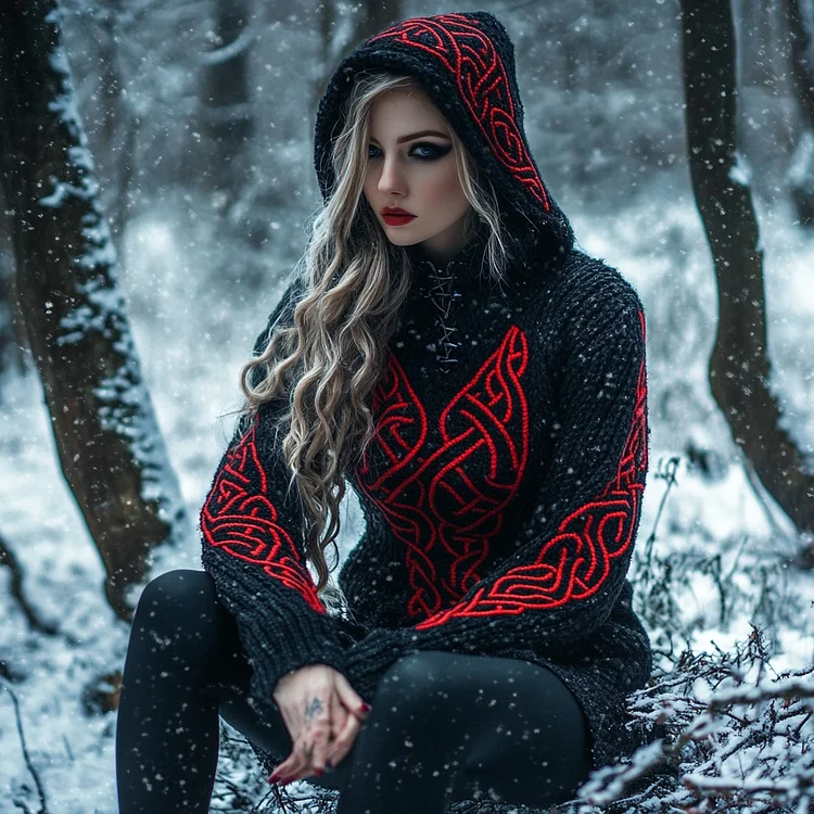 Viking Celtic Knot Contrast Cozy Hooded Knit Sweater