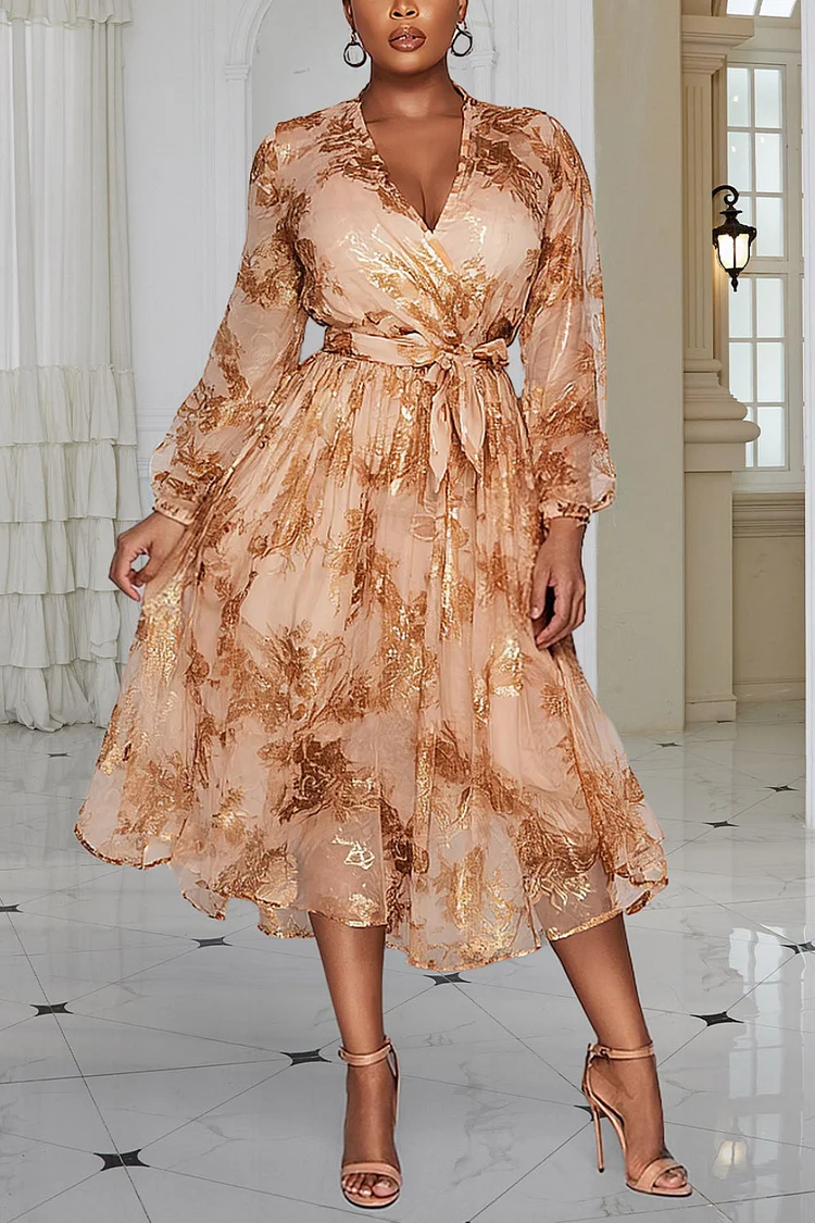 Xpluswear Design Plus Size Wedding Guest Champagne Wrap Neck Long Sleeve Wrap Elegant Tulle Midi Dresses [Pre-Order]