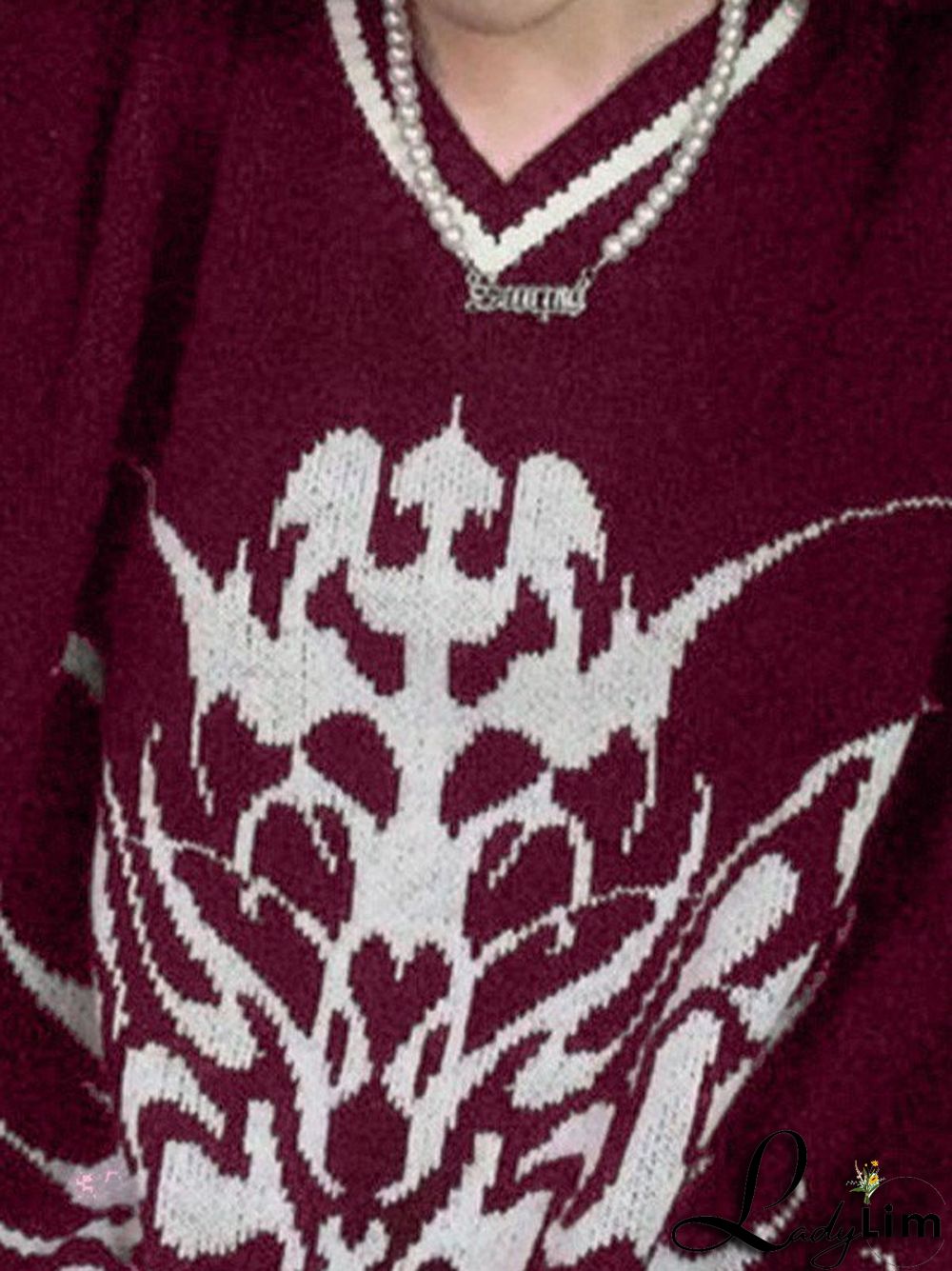 Oversized V Neck Jacquard Pullover Sweater