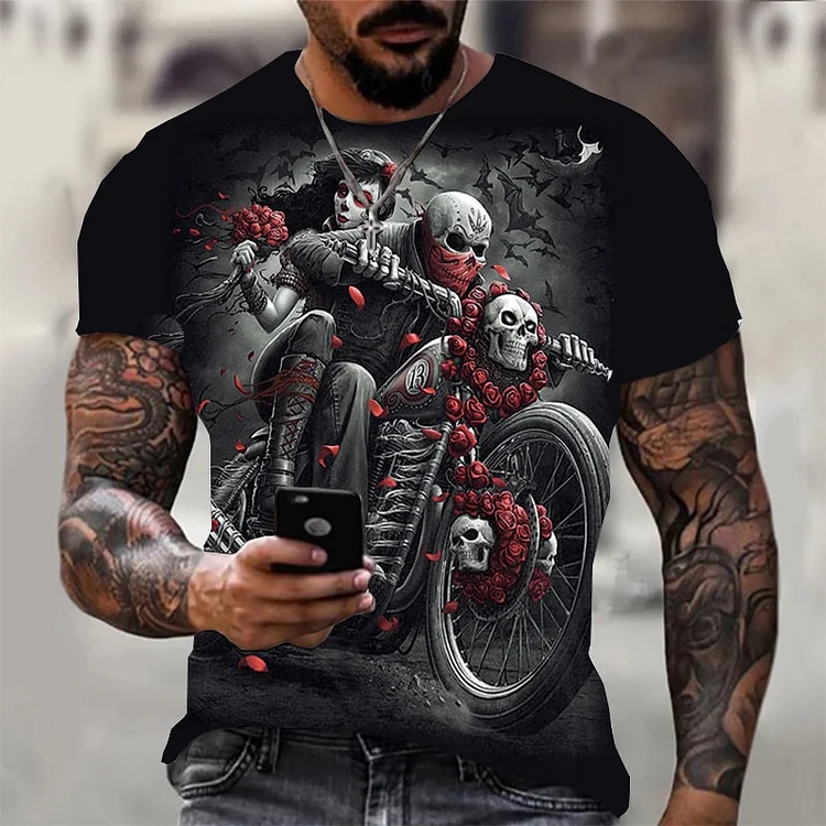 Vintage Skull 3D Print T-Shirts O-Neck Hip Hop Tops Horrorl T-Shirt at Hiphopee