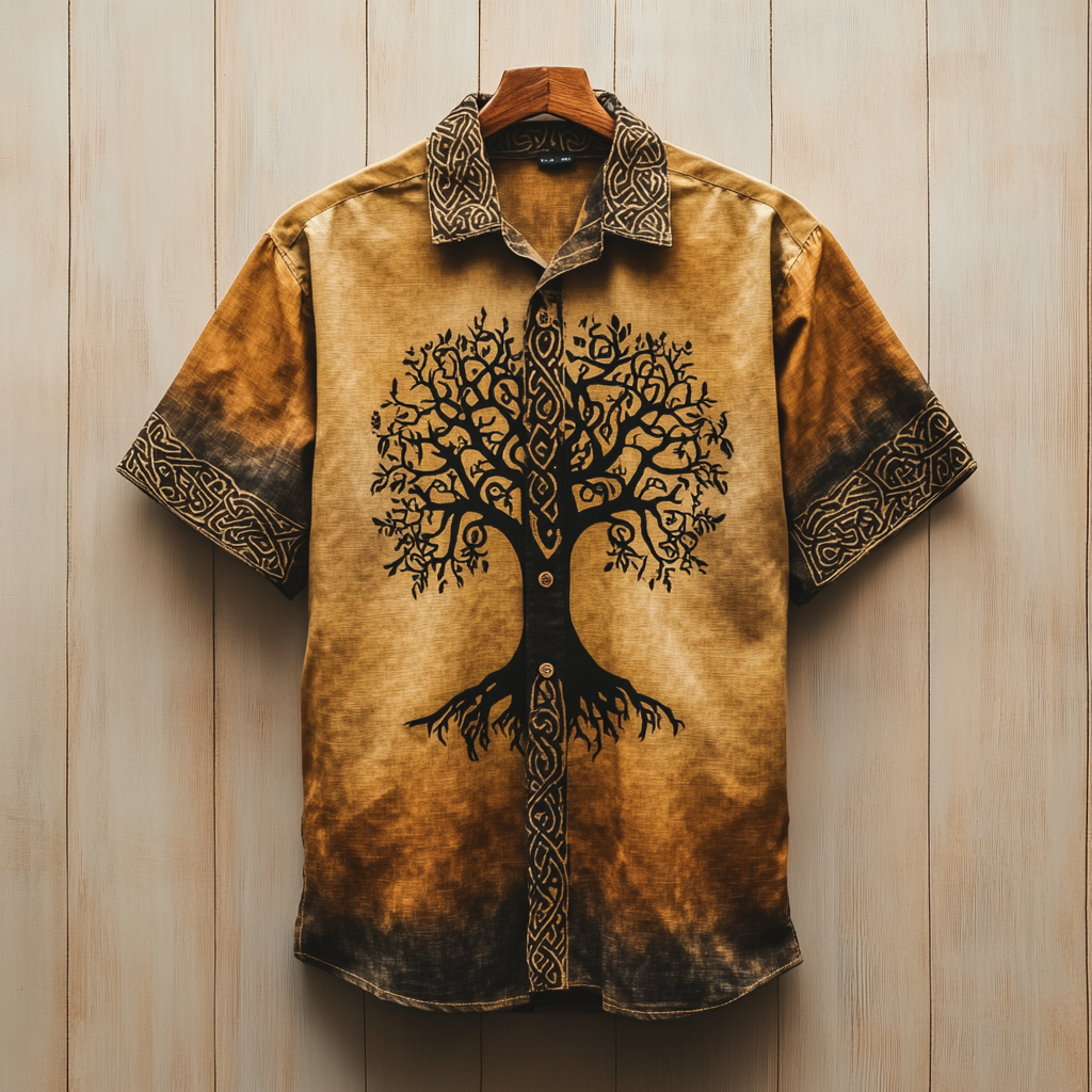 Viking Mystery Vintage Tree Of Life Tribal Art Men's Linen Shirt / Rvogue / Rvogue