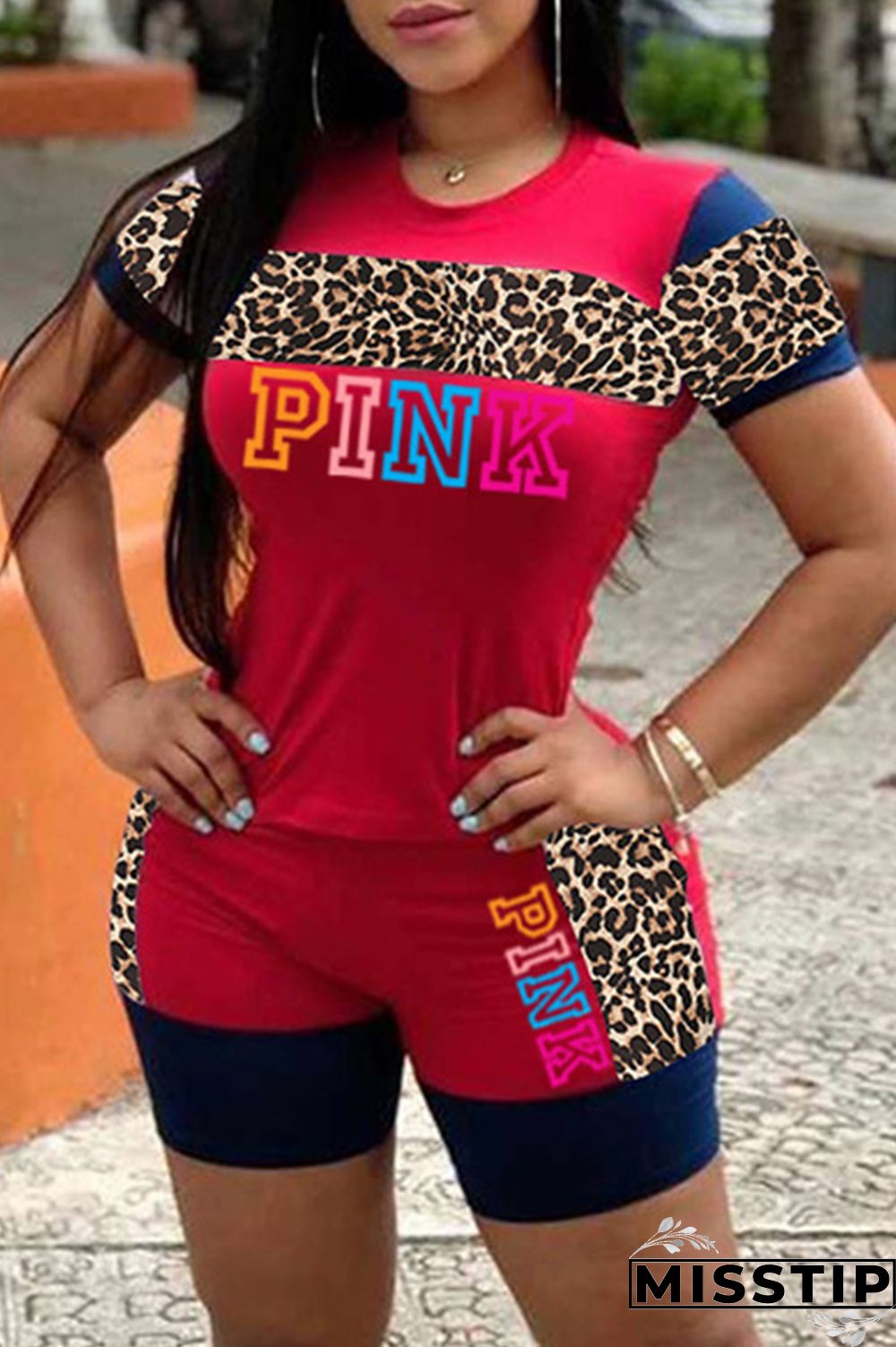 Black Fashion Casual Letter Print Leopard Patchwork O Neck Short Sleeve Two Pieces