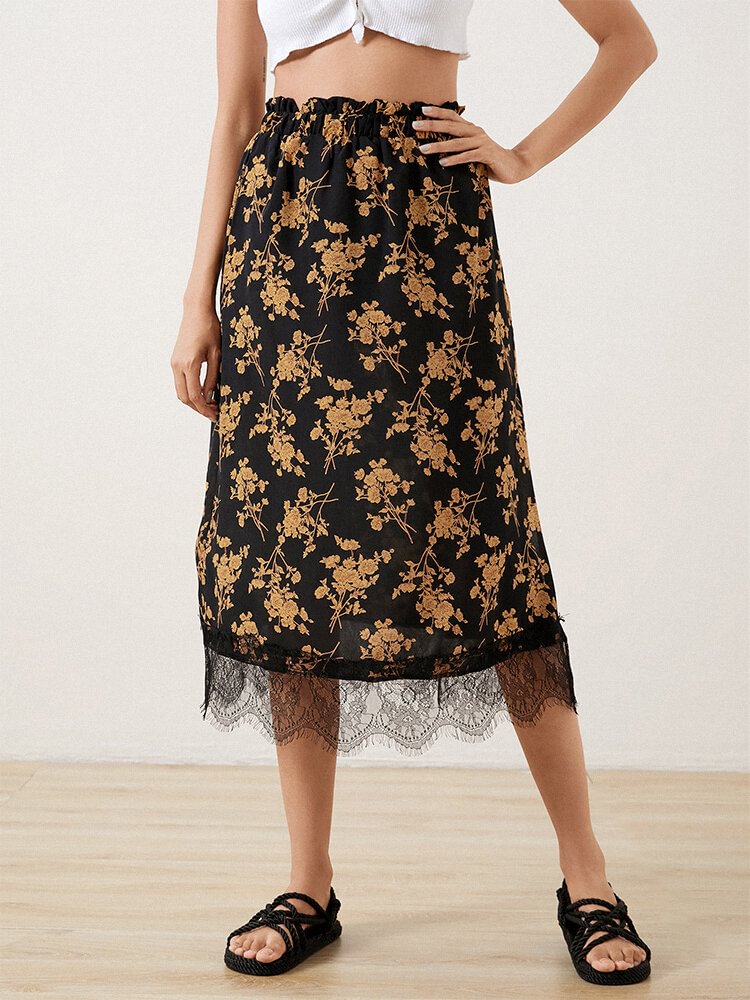 Flower Print Lace Stitch Slit Hem Women Skirt