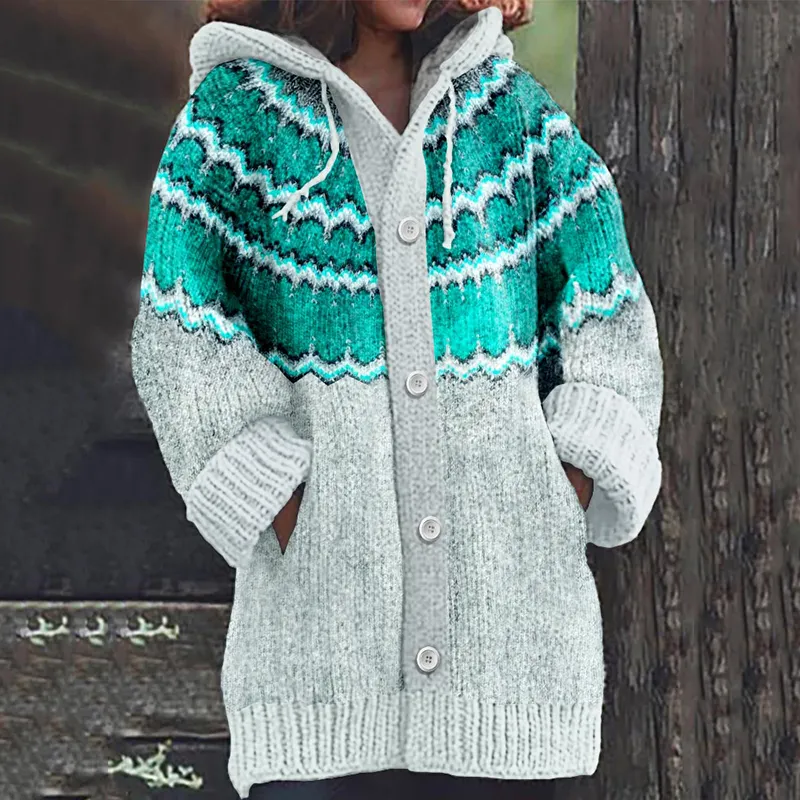 Vintage Contrast Curved Jacquard Graphic Cozy Knit Hooded Cardigan