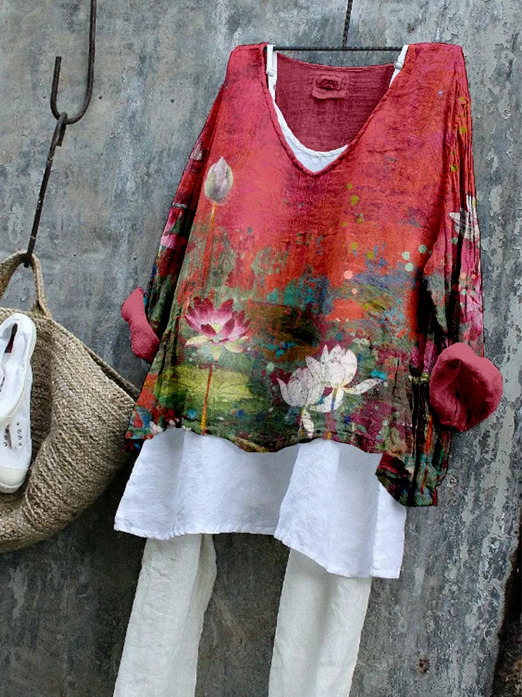 Simpfit Vintage Lotusblumen Art Nachahmung aus Nachahmung aus Baumwolle und Leinen Gemütliche Tunika