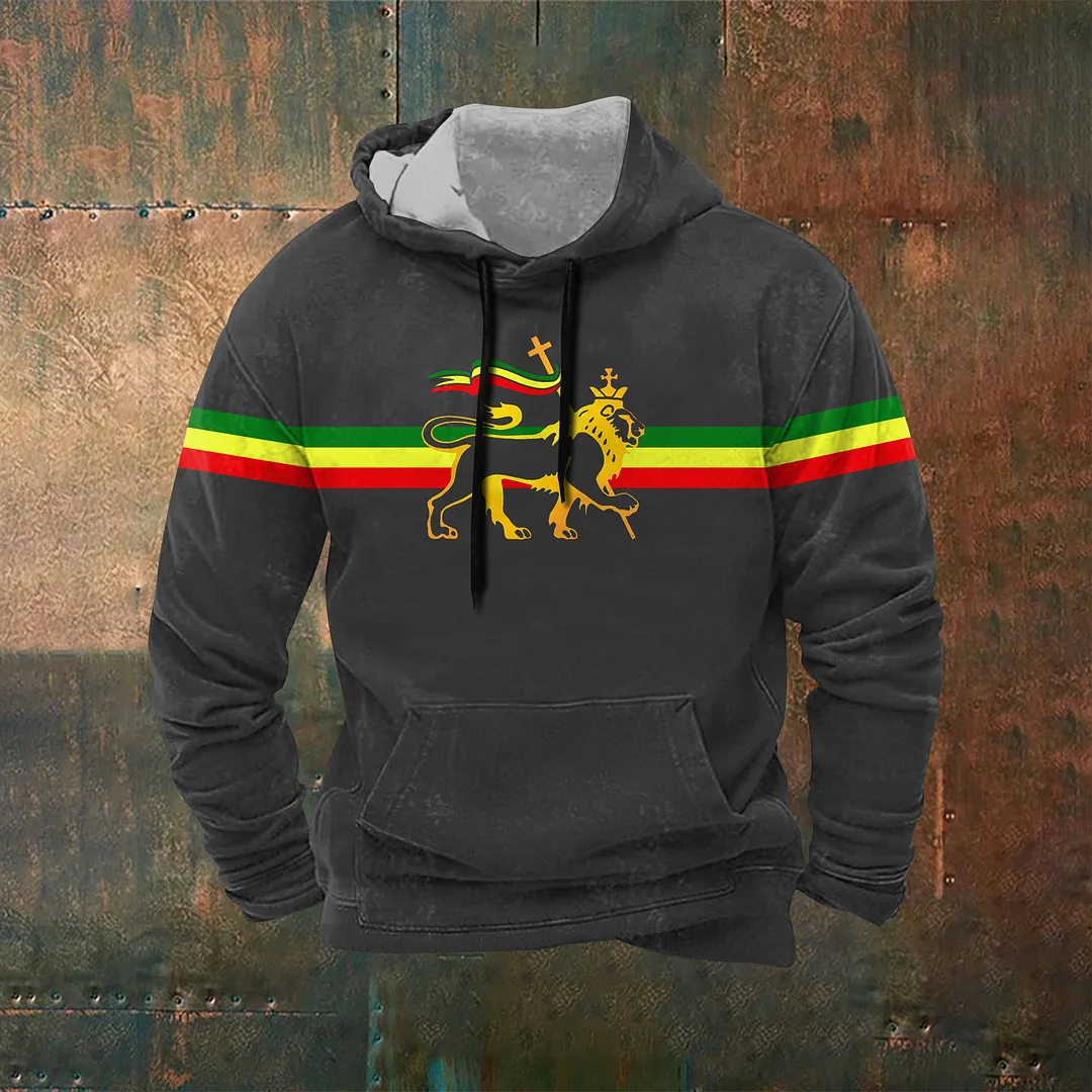 Stripe Reggae Lion Print Graphic Hoodie