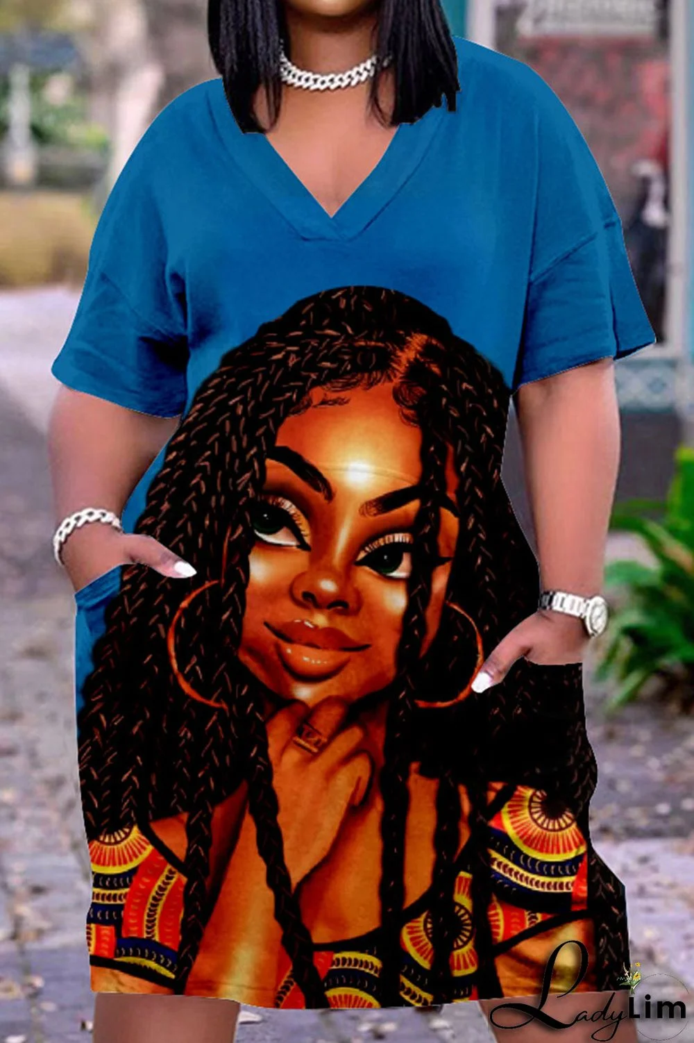 Beige Casual Street Print Patchwork V Neck Straight Dresses