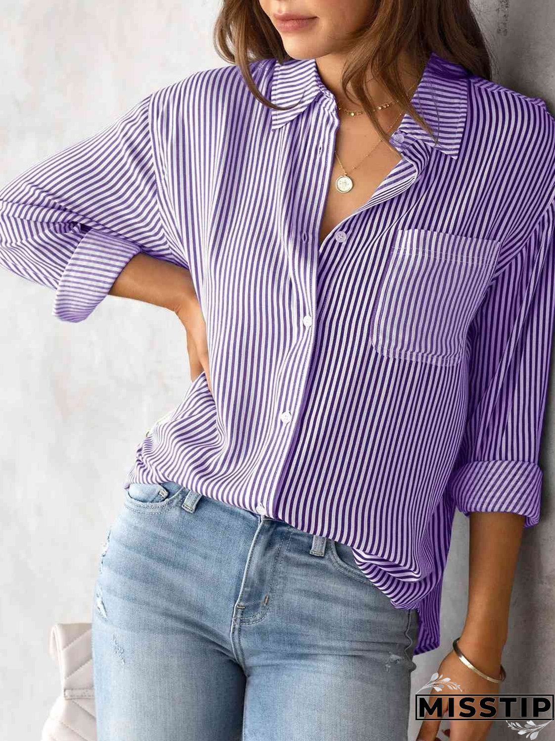 Striped Collared Neck Shirt with Pocket