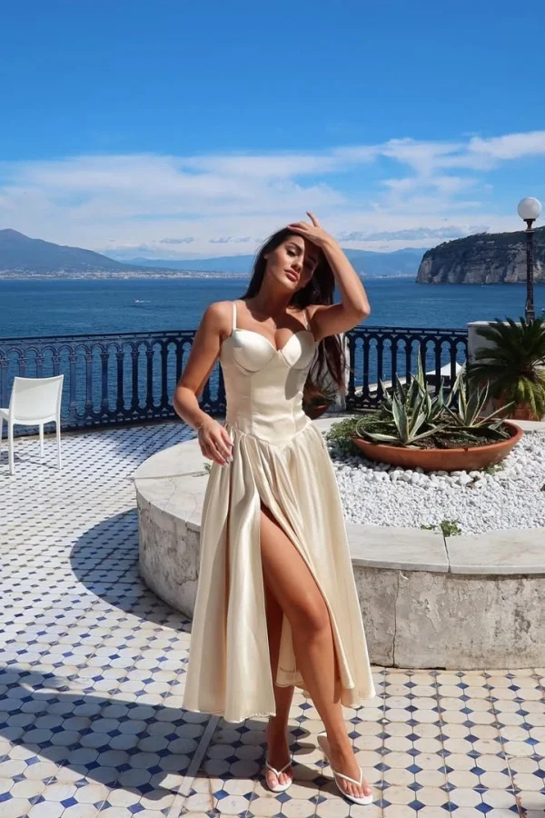 Stylish Pleated Sleeveless Sweetheart Satin Split Prom Dress YK0049