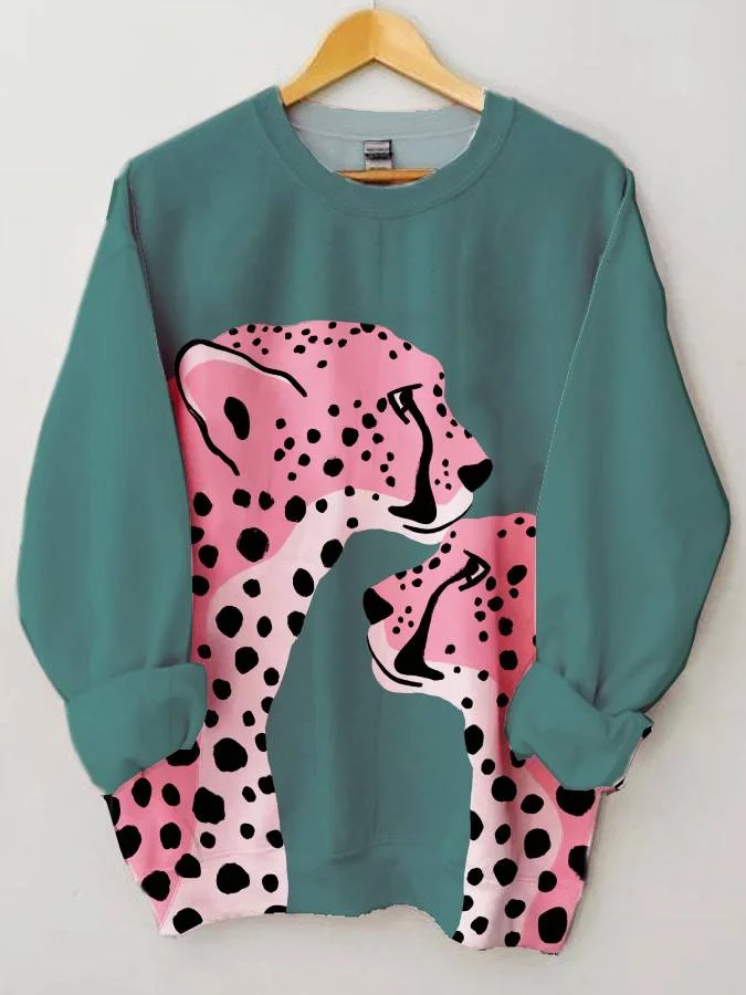 Women's Cute Cheetah Print Long Sleeve Round Neck Sweatshirt socialshop