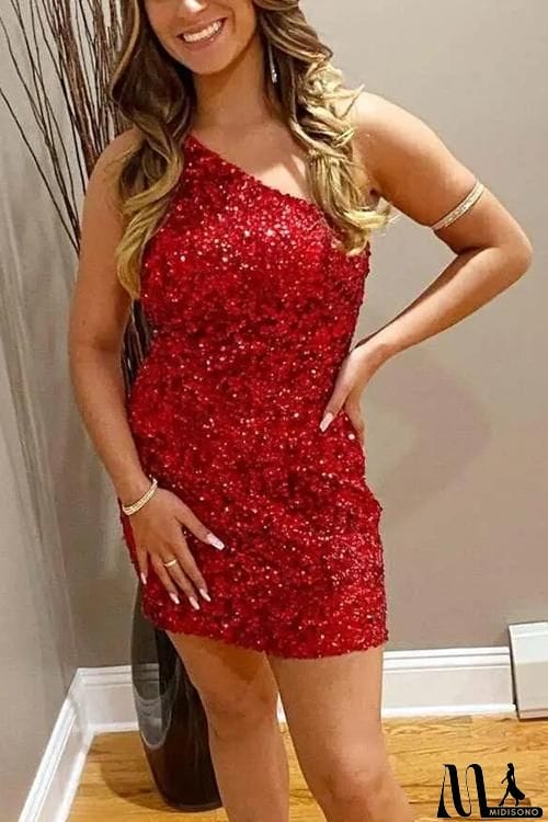 MidiSono - Sequin One Shoulder Bodycon Mini Dress